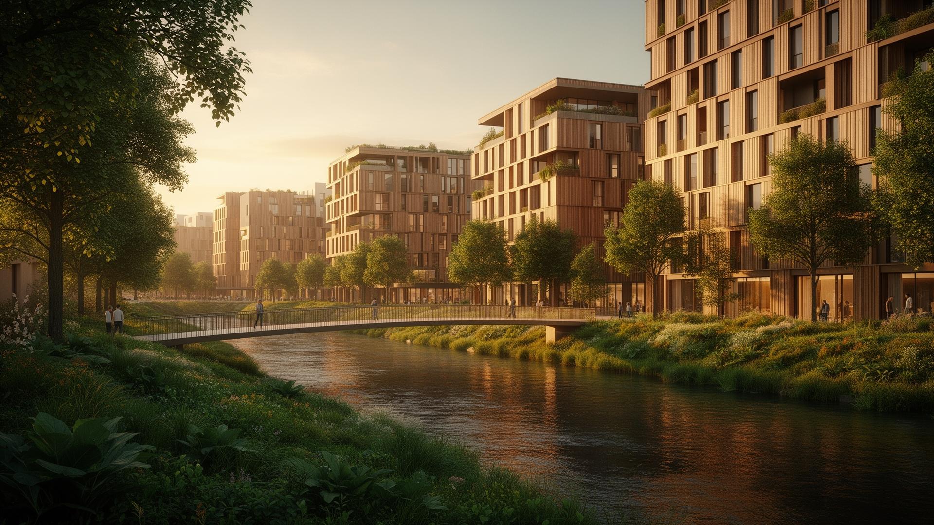 Architectural render of Frome Innovation Quarter showing timber-clad sustainable buildings beside a river with a pedestrian bridge